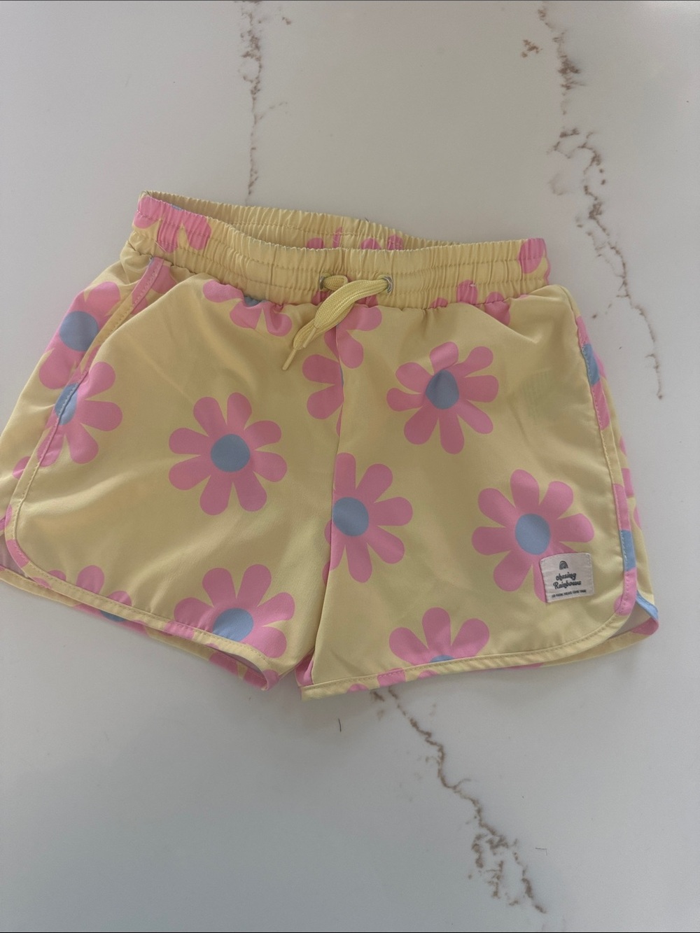 Girls' Yellow Floral Swim Shorts with Pink & Blue Daisies